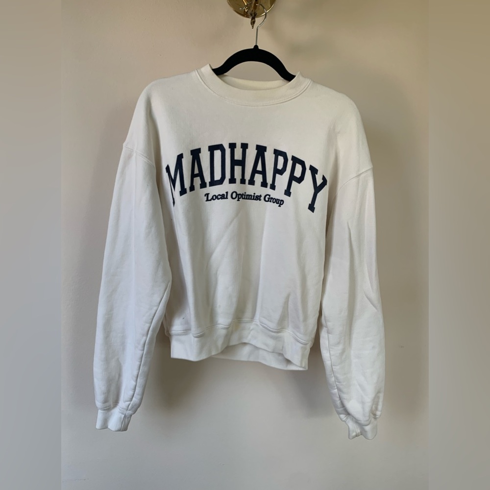MADHAPPY OFF WHITE CAMPUS HERITAGE CREWNECK IN SIZE XS